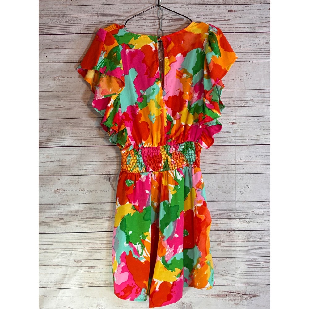 Haptics Summer Romper Retro Abstract Flutter Sleeve Smocked - Small Multicolor - Picture 6 of 11